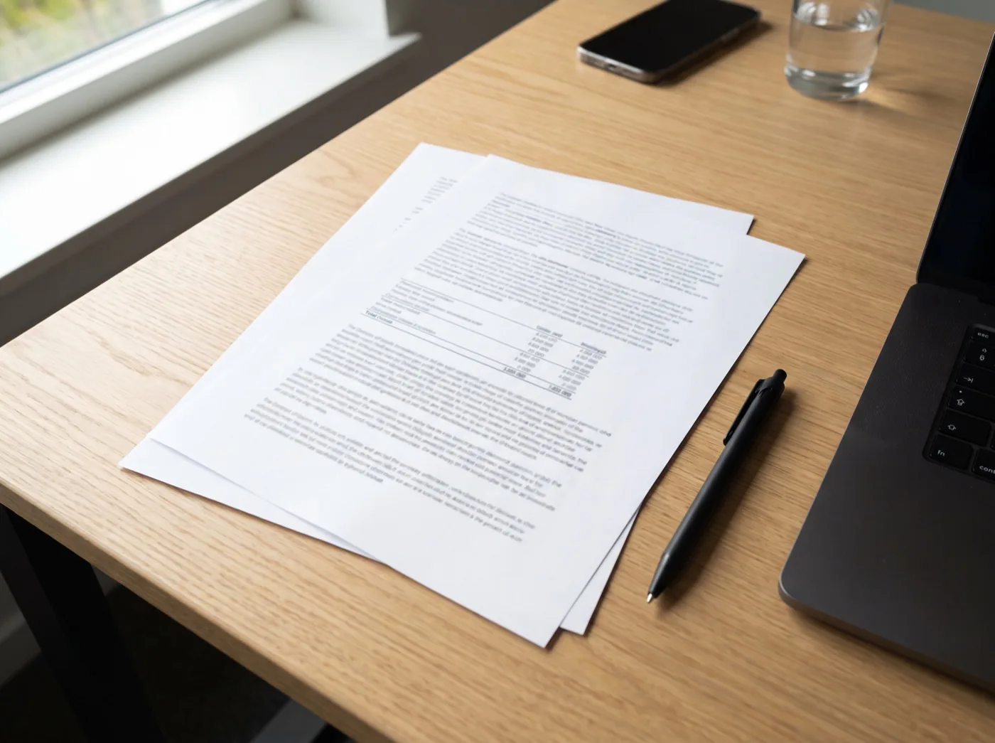 Une offre d'achat imprimée posée sur un bureau, un stylo et un ordinateur portable à côté